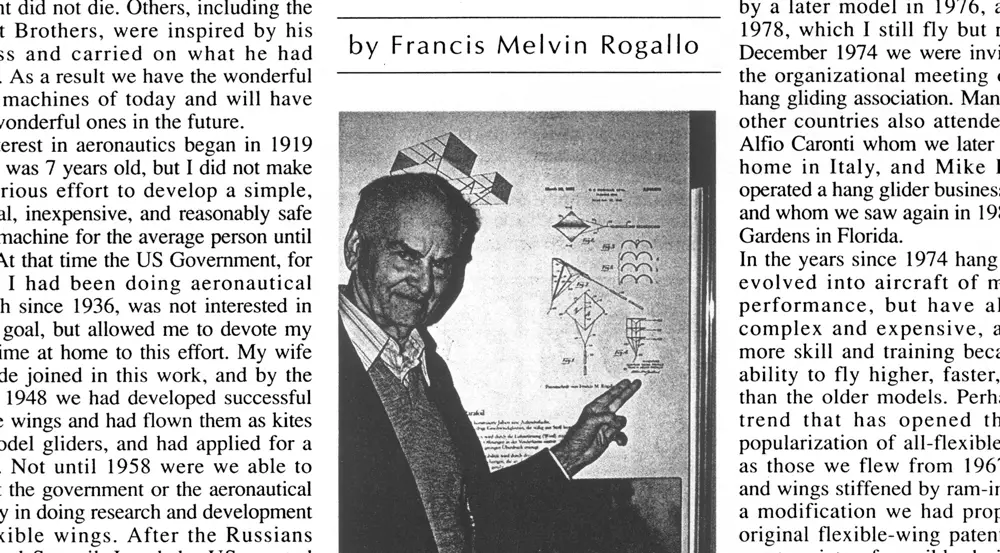 Francis Rogallo tells his story in a 1989 article for the German Federation (DHV) magazine.