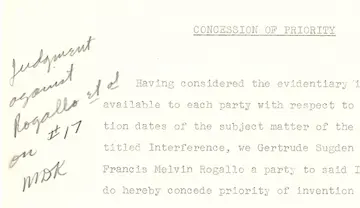 The end of the Interference case. The judgement goes against the Rogallos,who concede that Allisson is the inventor of the Flexible Kite.