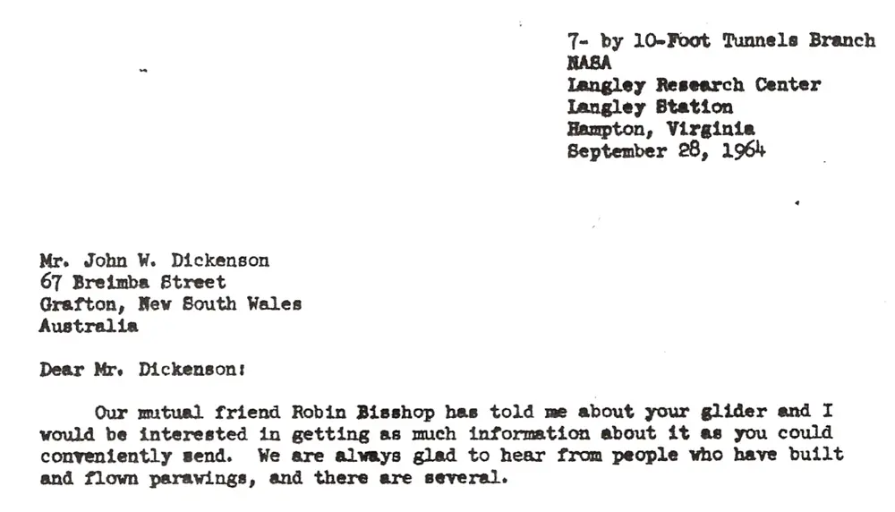 The first letter sent by Rogallo to Dickenson.