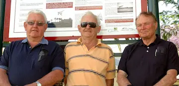 Left to right. Rod Fuller,Pat Crowe and John Dickenson in Grafton,Australia,in front of a memorial to their feats,on the 50th anniversary of their first flights.