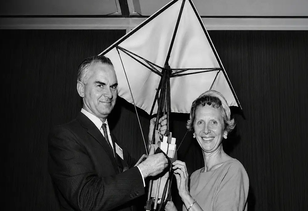 Gertrude and Francis Rogallo, their flexible kites, and their impact on NASA, kiting, hang gliding and paragliding.